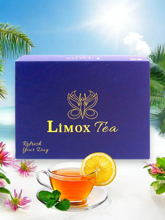 Limox Tea sachet alongside a steaming cup of herbal tea garnished with a lemon slice.