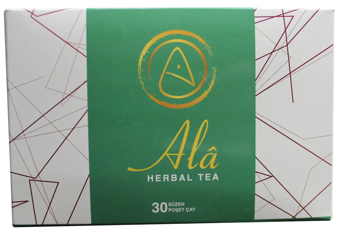 Ala Herbal Tea sachet and mixed herbs in a teacup