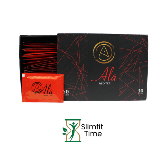 Ala Red Tea sachet next to a cup of red rooibos tea