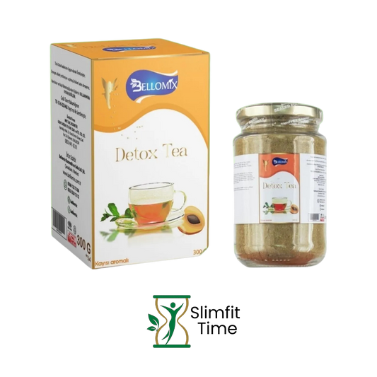 Bellomix Apricot Tea sachet beside a teacup filled with amber-colored tea and dried apricot pieces on the saucer.