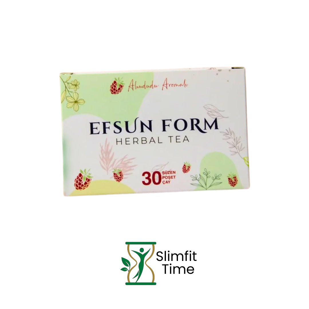 Efsun Form Herbal Tea bags lined beside a steaming teacup