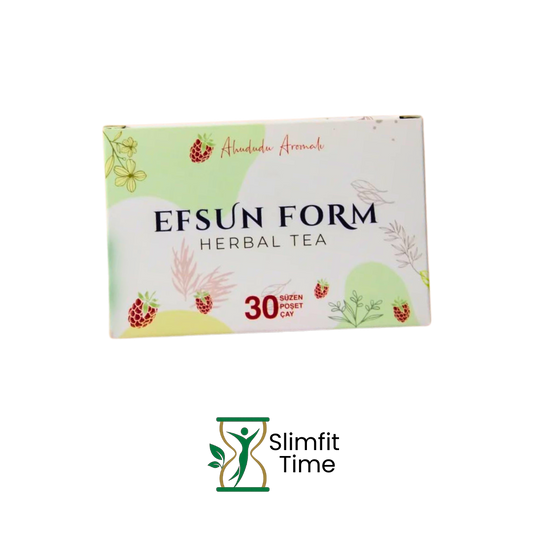 Efsun Form Herbal Tea bags lined beside a steaming teacup