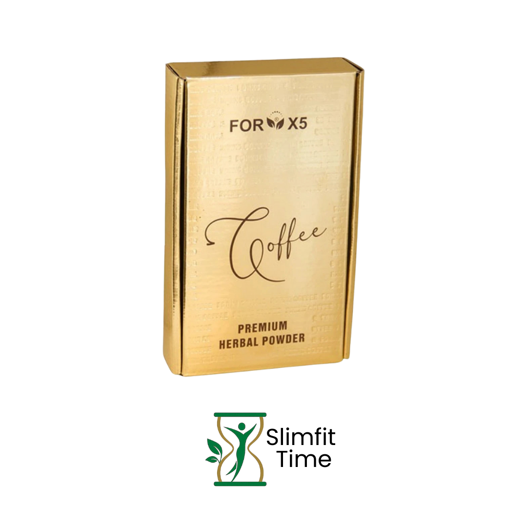 ForX5 Coffee packet next to a steaming cup of brewed coffee