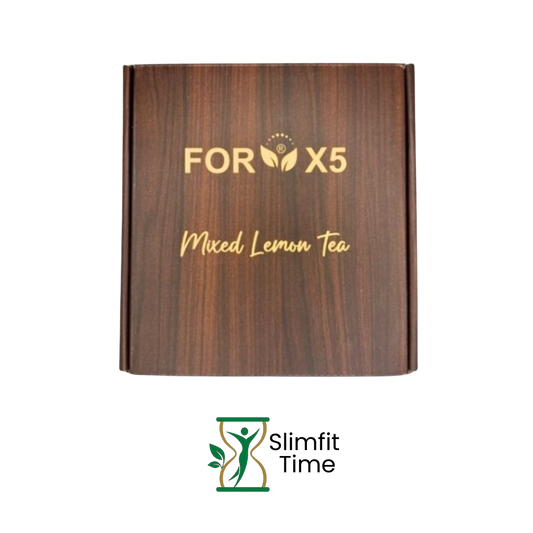 ForX5 Tea sachets and a cup of wellness tea with steam rising