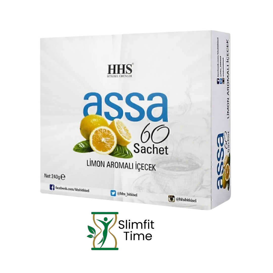 HHS Assa Tea package on a wooden board with a cup of hot tea