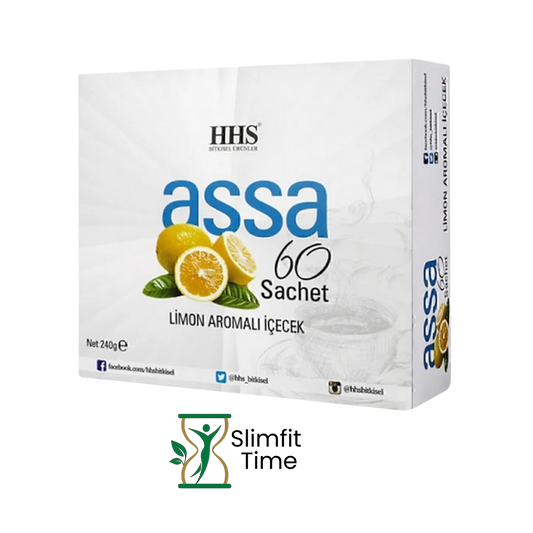 HHS Assa Tea package on a wooden board with a cup of hot tea