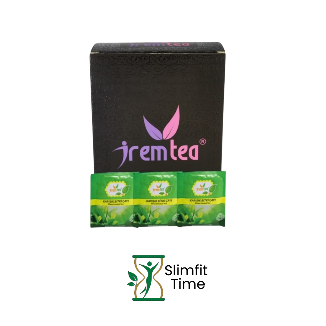 Irem Tea sachet beside a clear glass of steaming herbal tea topped with a fresh lemon slice.