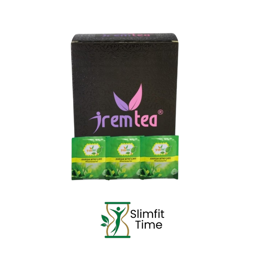 Irem Tea sachet beside a clear glass of steaming herbal tea topped with a fresh lemon slice.