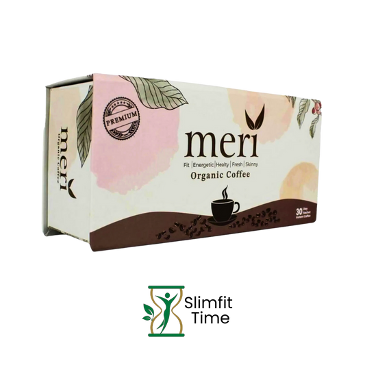 Fresh Meri Coffee beans spilling beside a ceramic coffee cup