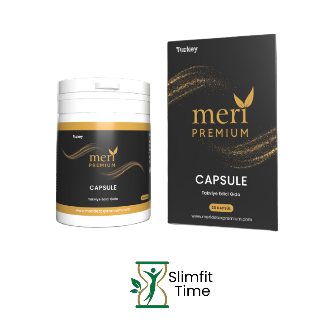 A sleek amber jar of Meri Premium Capsule spilling golden herbal supplement capsules onto a marble surface.