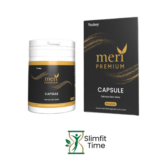 A sleek amber jar of Meri Premium Capsule spilling golden herbal supplement capsules onto a marble surface.