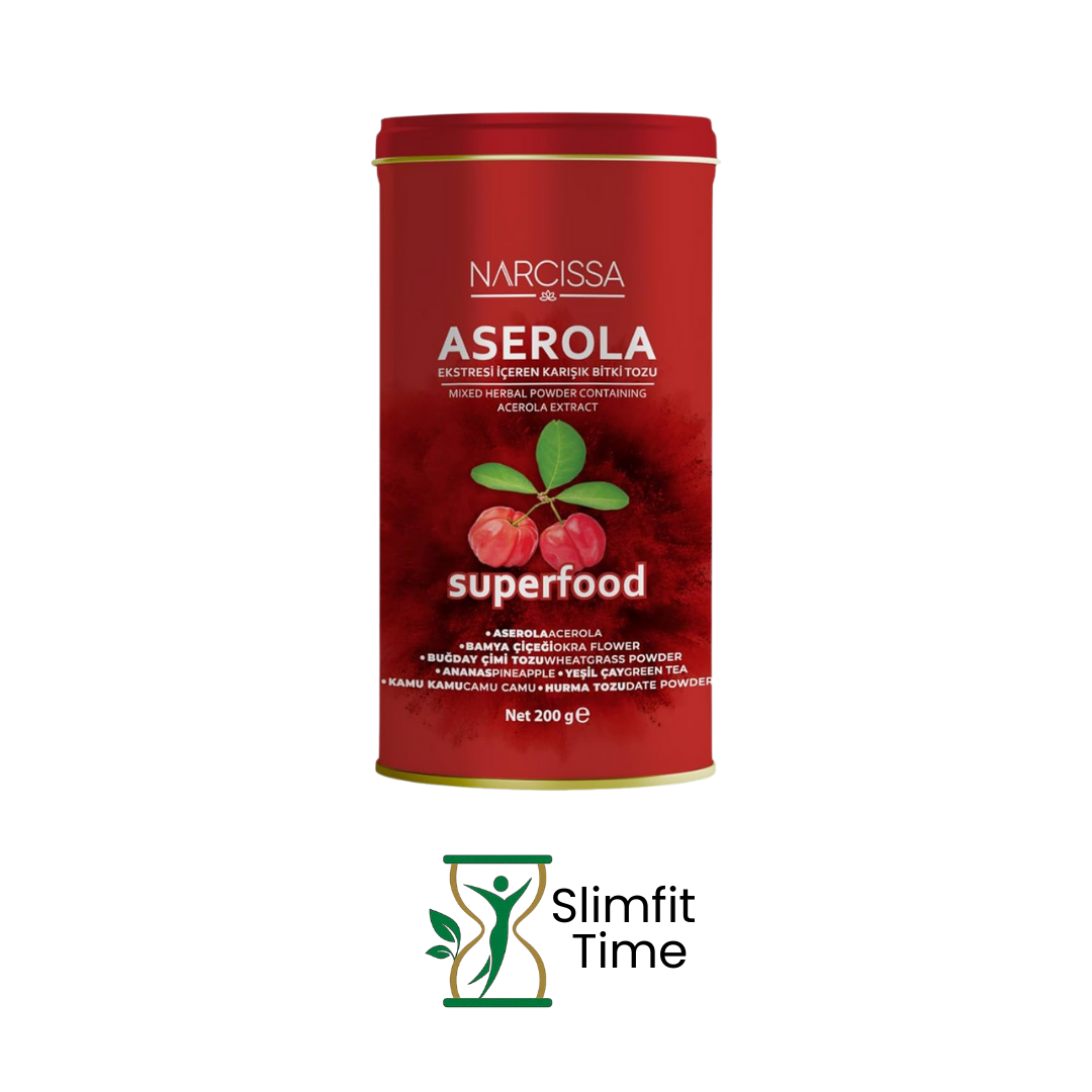 Narcissa Aserola Tea sachet nestled beside a steaming glass of rosehip-infused tea with fresh rosehip berries scattered around.