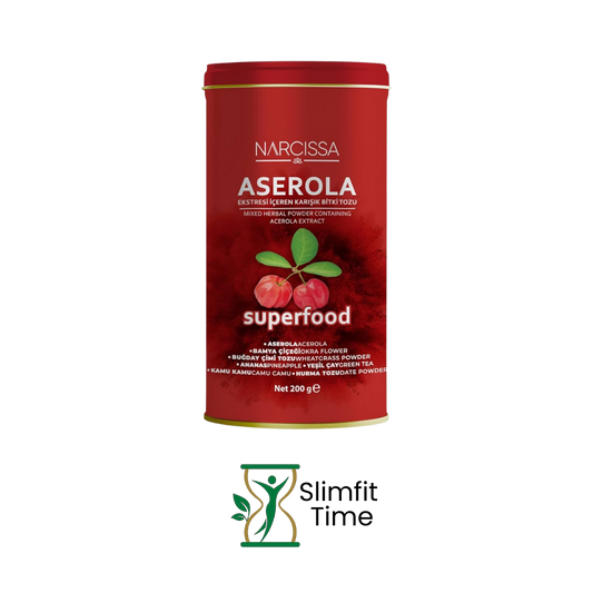 Narcissa Aserola Tea sachet nestled beside a steaming glass of rosehip-infused tea with fresh rosehip berries scattered around.