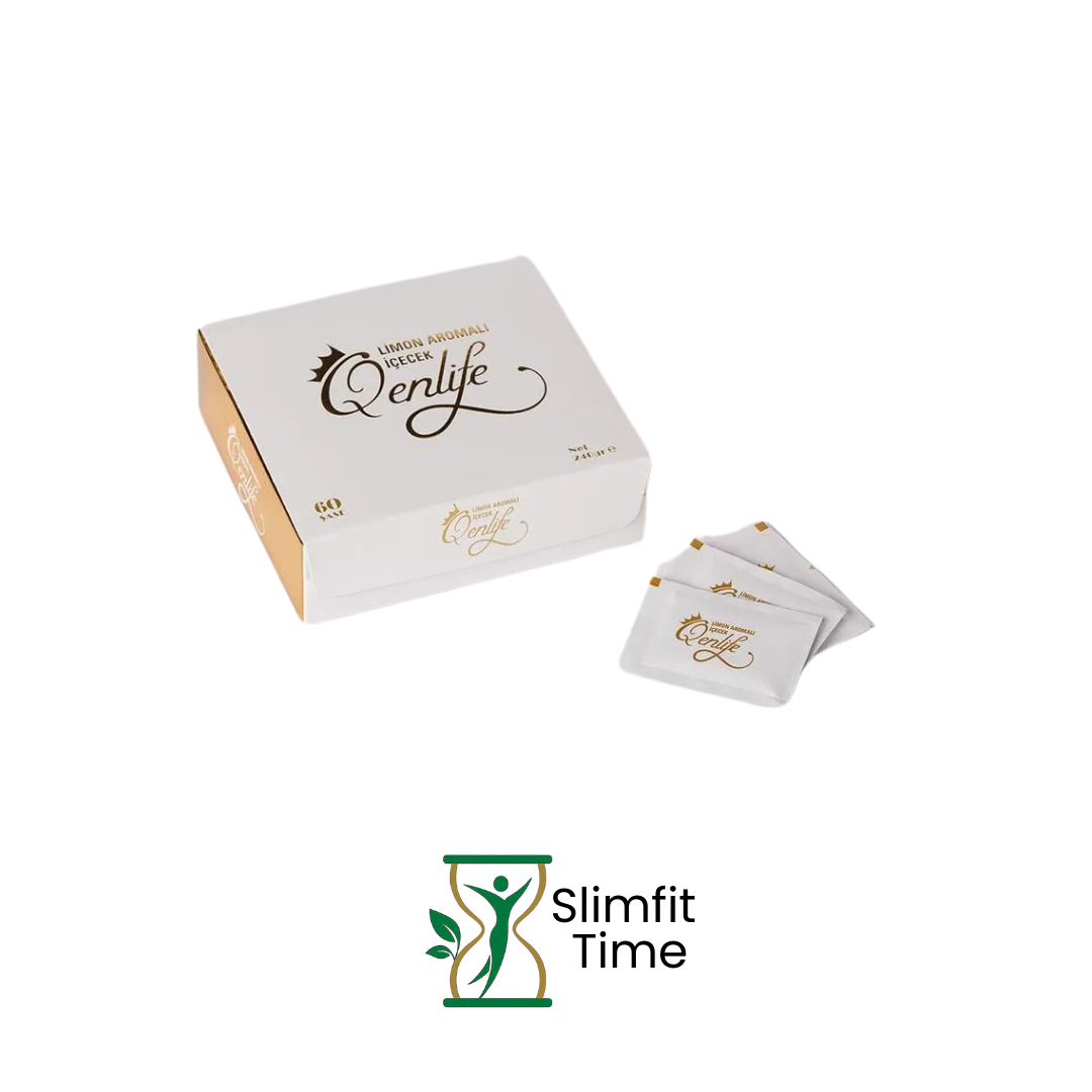 Qenlife Tea sachet and a vibrant green tea in a clear cup
