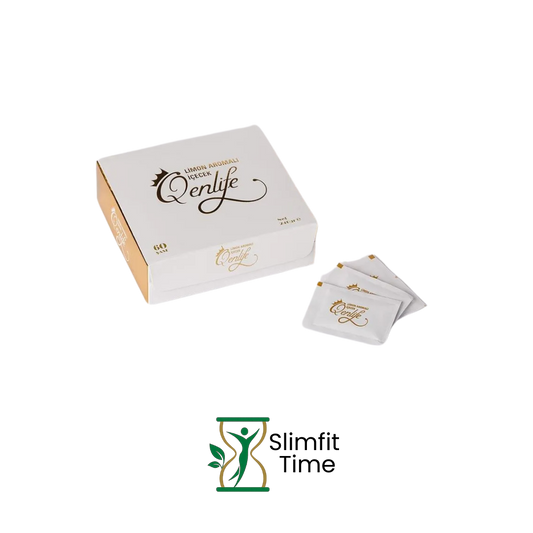 Qenlife Tea sachet and a vibrant green tea in a clear cup